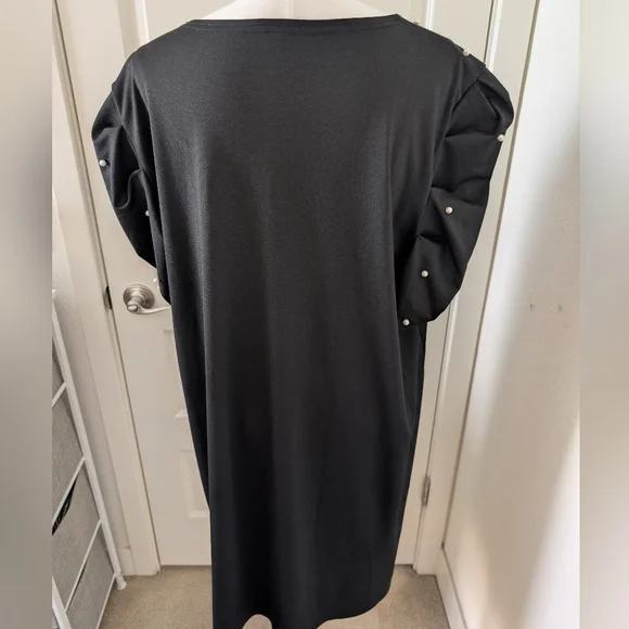 Black Puff Sleeve Dress with Beaded Pearl Accents - Picture 7 of 11